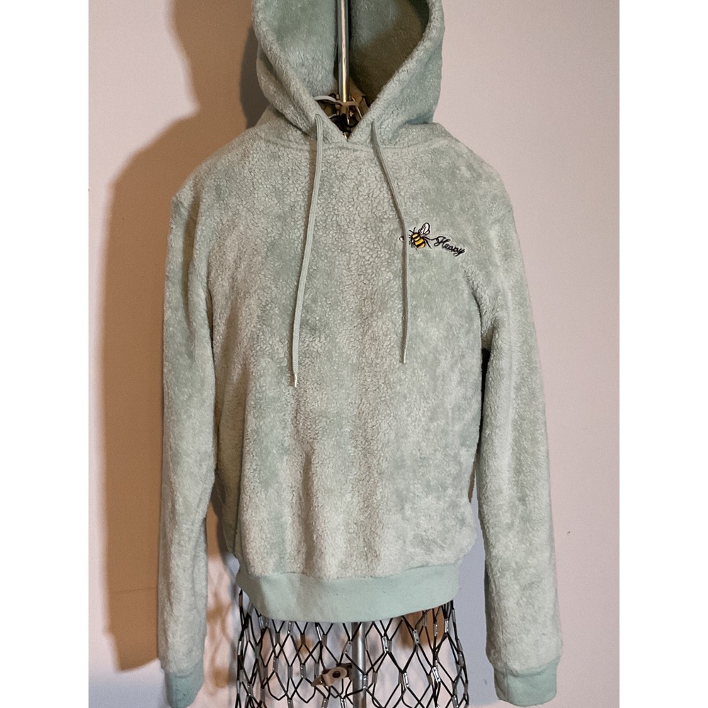 Cold‎ Crush Bee Happy Sage Green Faux Shearling Sherpa Hoodie Sweatshirt Small